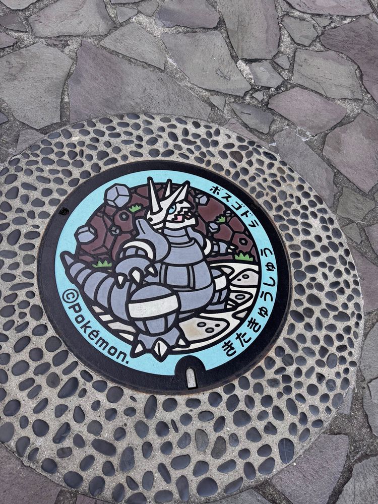 A manhole cover depicting the Pokémon Aggron on it.