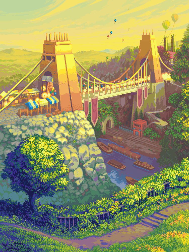 Pixel art of a suspension bridge, caught in the evening sun just before it sets (the tops of the bridge just catch the sunlight). A river flows underneath, filled with boats and a docking area where train tracks pass through out of a tunnel. A festival market place is happening on the bridge and the path across it is filled with lights. A few loose balloons float away from the bridge, and large decorations hang off of the side of the bridge.