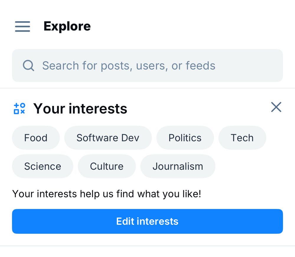 Screenshot of interests section from Bluesky app