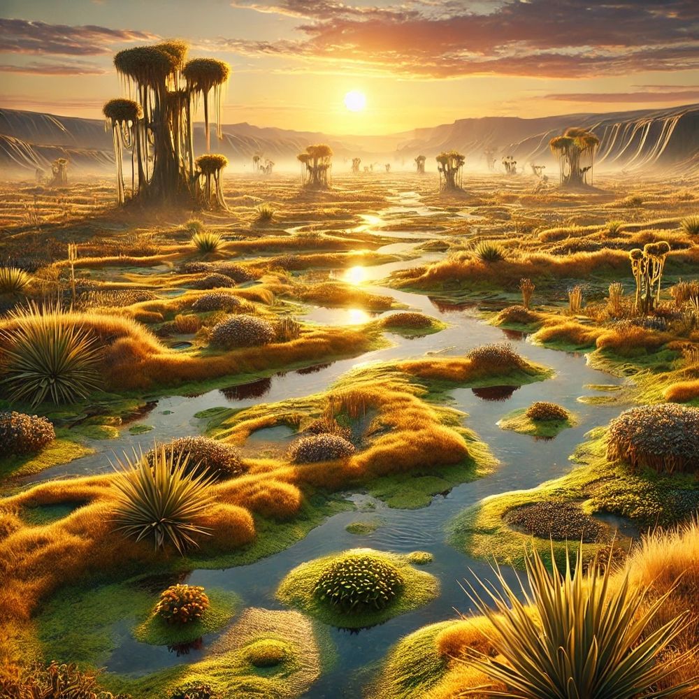 A hyperrealistic depiction of a lush alien landscape, showcasing golden grasslands, shallow rivers, and scattered alien trees under a warm, setting sun.