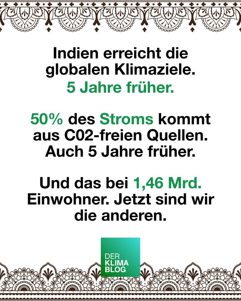 Indische Ornamente in Schwarz oben und unten, der Rest ist weiß. Der Text in Schwarz mit grünen Highlights: "Indien erreicht die globalen Klimaziele.
5 Jahre früher.

50% des Stroms kommt aus C02-freien Quellen. Auch 5 Jahre früher.

Und das bei 1,46 Mrd. Einwohner. Jetzt sind wir die anderen.". Darunter das Logo von DerKlimablog.