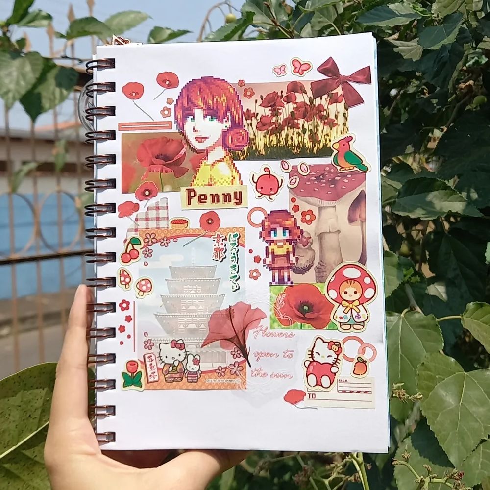journal page with reddish stickers featuring penny from stardew valley 
