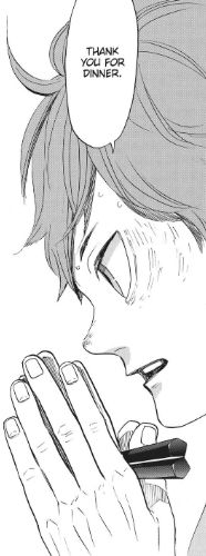 manga panel of hinata shoyo clasping his hands together before having dinner