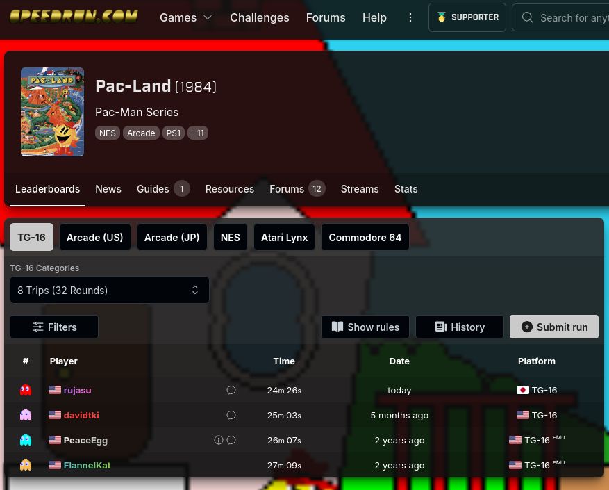 SRC leaderboard: #1 rujasu at 24m26s, #2 davidtki 25m03s, #3 PeaceEgg 26m07s, #4 FlannelKat 27m09s