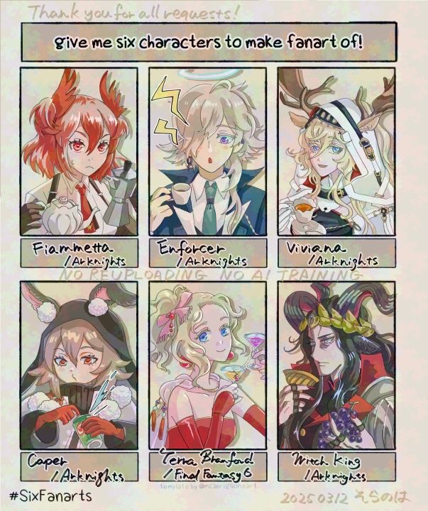 Five Arknights and one Final Fantasy6 characters in "Six fanarts" template. Three of top are drawn again. 
1.Fiametta holding a teapot and an espresso maker by her hands with a bit confused face.
2. Enforcer(Ezel) holding a tiny espresso cup by his right hand, awaking enough that his eyes gets sparkling and take a breath.
3.Viviana holding tea cup saucer, giving a glance to foreground with elegant smile.
4. Caper opening a canned beverage(looks like guarana), letting out whistle lightly.
5. Terra (Tina) lifting two glass of cocktails hung her pendant on, looking to foreground and smiling.
6. Wich King (Herkunftshorn) holding a goblet by his right hand and a bunch of grape. staring beyond left side of the frame or at the void.