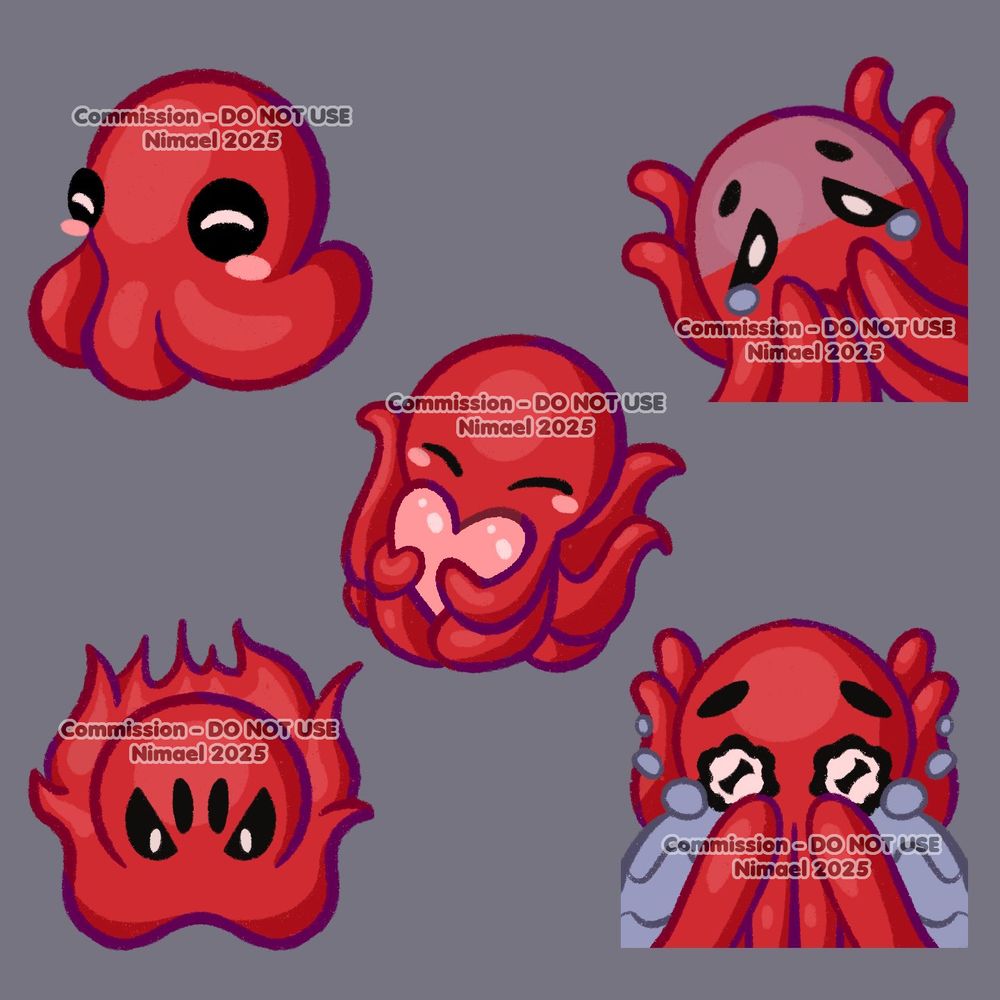 Five little emojis for twitch, representig a cute red octopus with cartoonish expressions: joy, fear, rage, sadness, and the last one holding a heart. 