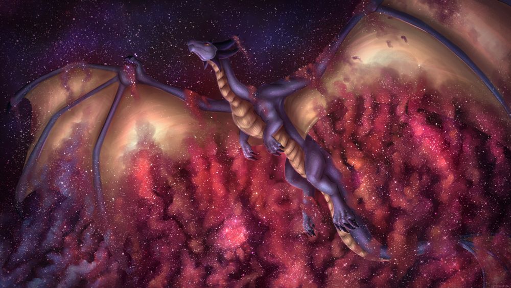 A blue, six-horned dragon spreading its wings, flying through a cosmic nebula.