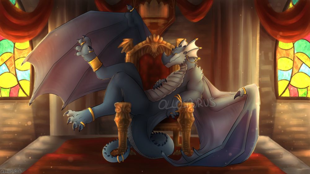 a blue anthro dragon lounging on a golden throne with draconic motives. In the backgroum some kind of a throneroom with stained glass windows can be seen.