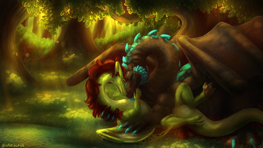 Two dragons cuddling under a tree at a forest clearing. Dappled, golden light shining on them. The bigger, black dragon with blue ridges on his back is holding the smaller, green furred and maned dragon. They are nudging their snouts together lovingly.
