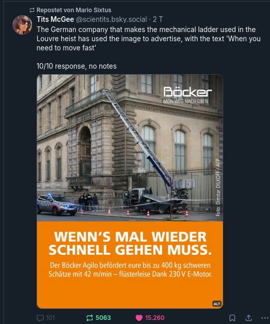 Screenshot eines Sceets über eine Werbung nach dem Louvre Raub. ("Wenn's mal wieder schnell gehen muss"