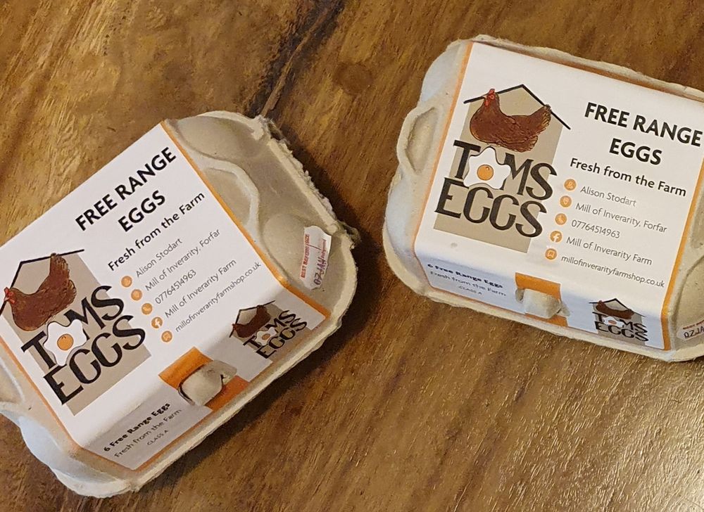 Boxes of Tom's eggs from Mill of Inverarity farm shop