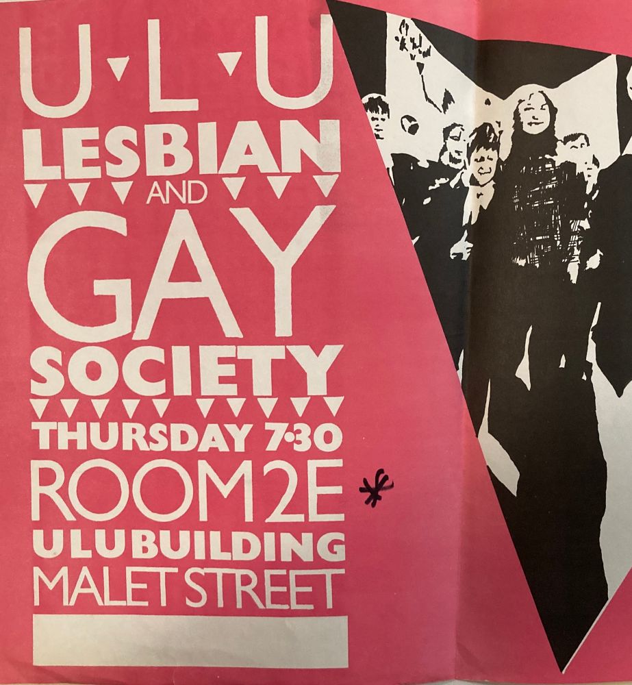 A pink coloured poster advertising ULU’s Lesbian and Gay Society 
