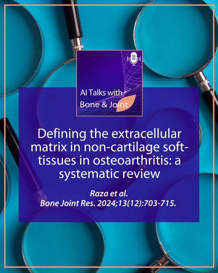 AI Talks with Bone & Joint Research. Defining the extracellular matrix in non-cartilage soft-tissues in osteoarthritis: a systematic review. Article details: Raza et al. Bone Joint Res. 2024;13(12):703-715. Image of magnifying glasses in background.