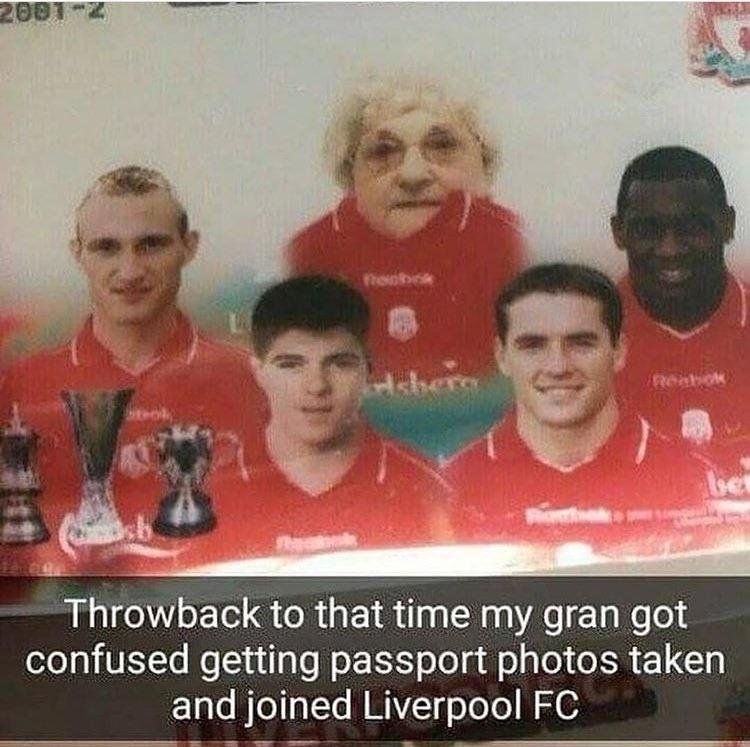 Snapchat picture of an old woman in a Liverpool jersey after mistakenly choosing the option when getting a passport photo 