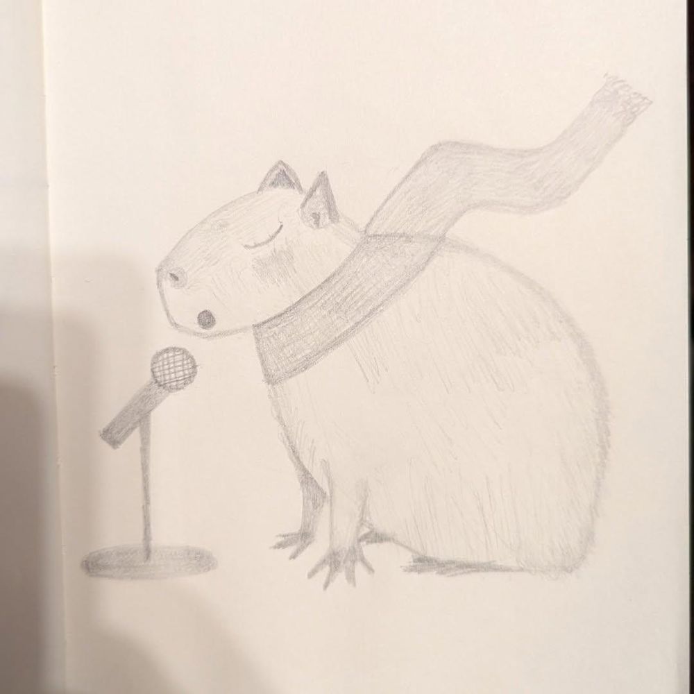 Pencil sketch of a capybara wearing a scarf and singing into a microphone on a mic stand