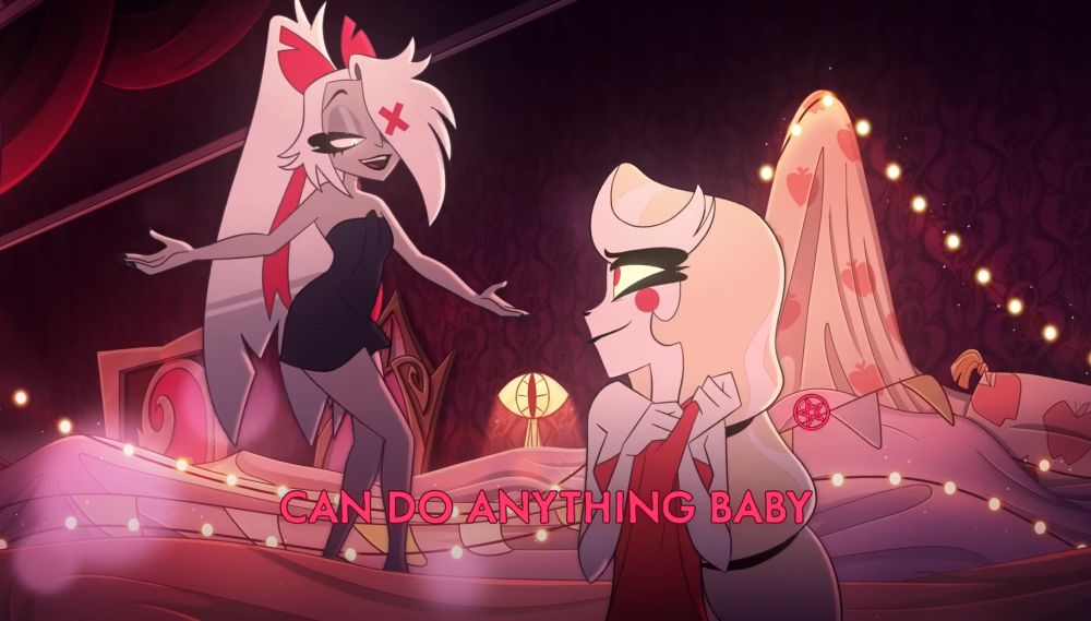 Vaggi shaking her hip while Charlie looks at her adoringly 