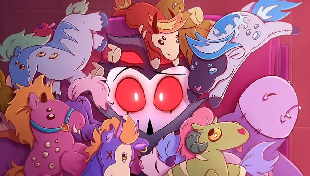 Screenshot from Sinsmas. Stolas has a confused, wide-eyed expression as he wakes up covered in plush horses that a certain imp out there while he was sleeping. 