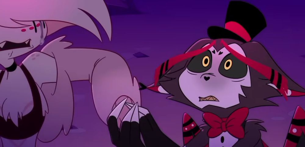 Husk looking devastated, desperately trying to hold onto a crying Angel Dust