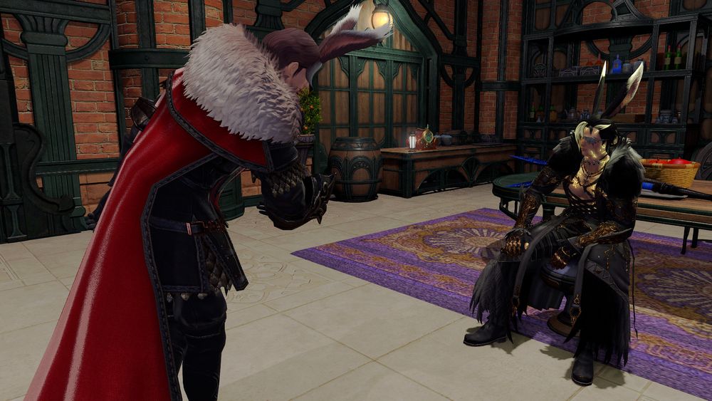 ""Viera"" Emet-Selch bows before Deimos in his suite in The Pendants, who's struggling with the excess Light corruption.