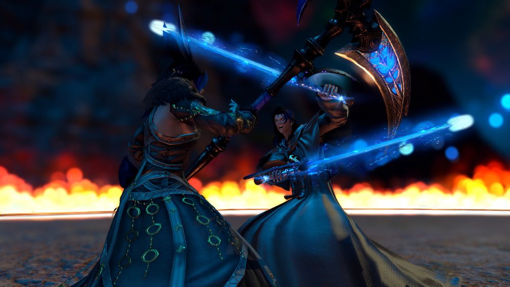 Ares (ancient Azem) and Deimos (modern Warrior of Light) fight within a dramatic ring of fire.
