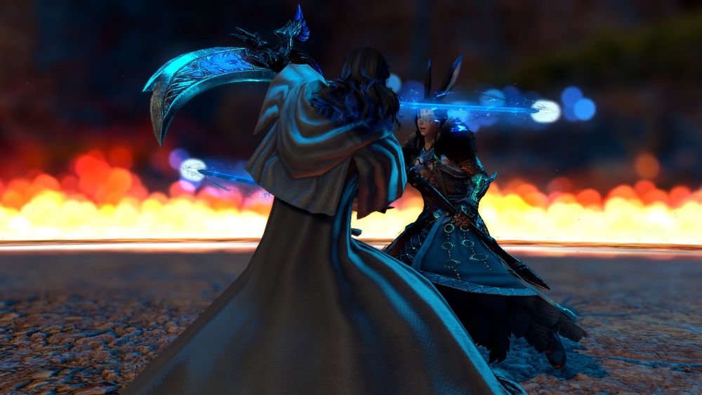 Ares (ancient Azem) and Deimos (modern Warrior of Light) fight within a dramatic ring of fire.