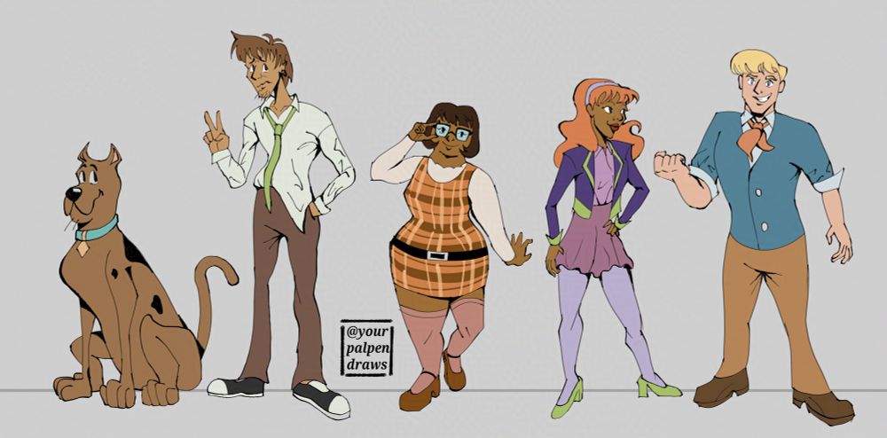 A lineup of Scooby Doo characters in preppy attire. L to R: Scooby, Shaggy, Velma, Daphne, Fred.