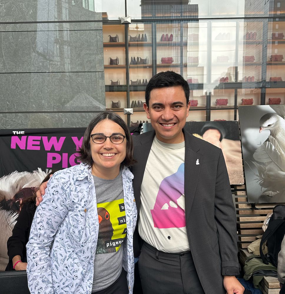 Me standing next to Iván Argote, sculptor of Dinosaur, the giant pigeon statue on the High Line!