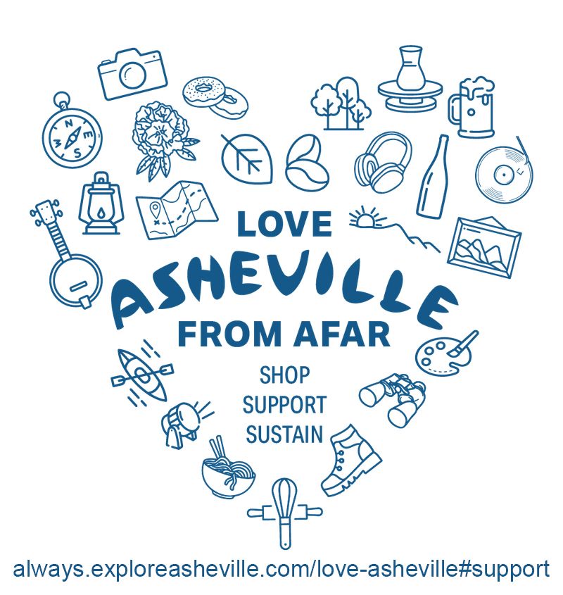 A graphic that says Love Asheville from Afar: Shop, Support, Sustain and has a link, always.exploreasheville.com/love-asheville#support
