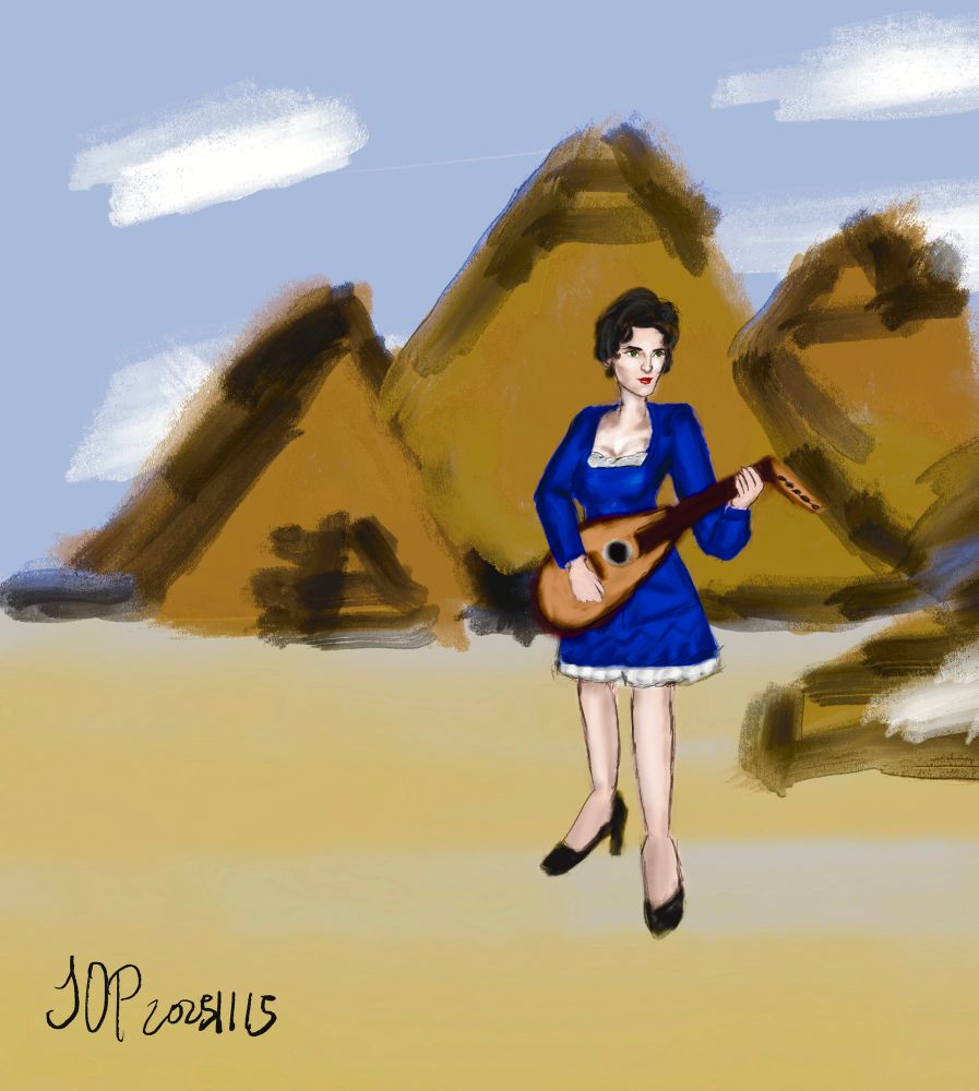 Winona in Alaïa blue dress suit with an oud string instrumebt next to pyramids. Illustration steamboatwinona