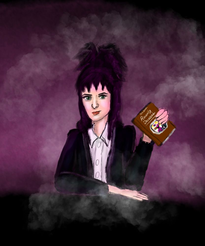 Lydia Deetz holding a book for the Recently Deceased in BEETLEJUICE (1988). Illustration steamboatwinona