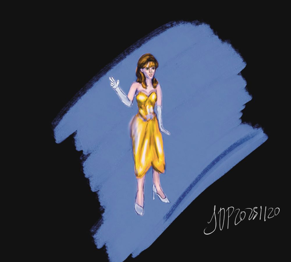 Winona in Yohji Yamamoto yellow dress + Julie Christie hair. illustration steamboatwinona