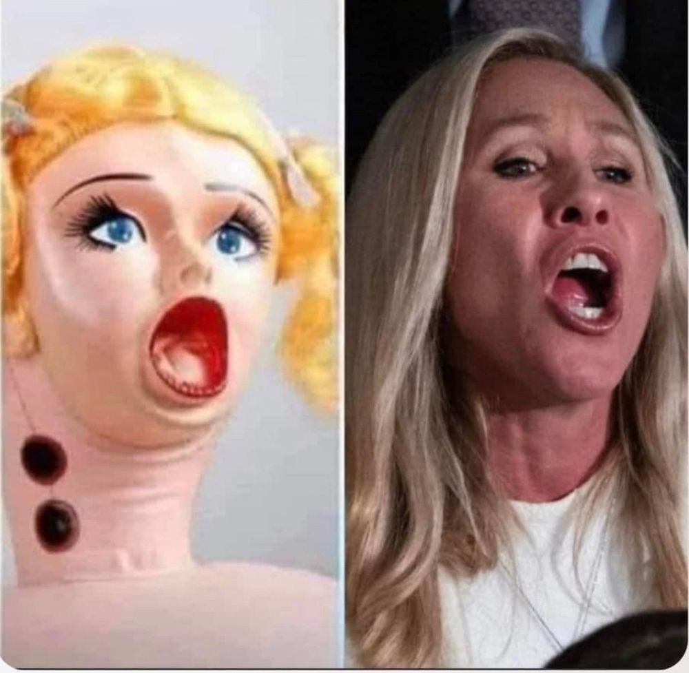 Two pictures on of MTG with her mouth open and a Blow up doll with her mouth open. 