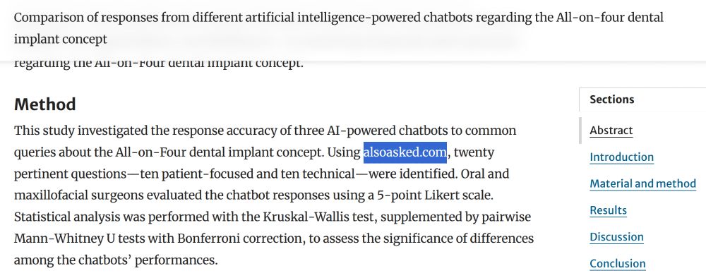 A screenshot of the 'Method' section of an online scientific paper titled, "Comparison of responses from different artificial intelligence-powered chatbots regarding the All-on-four dental implant concept." The text explains that the study used the website alsoasked.com, which is highlighted, to generate questions for the chatbots.