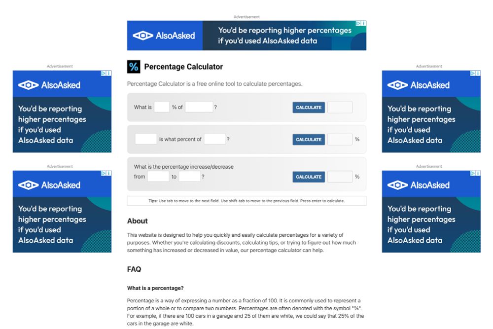 AlsoAsked display ads all over https://percentagecalculator.net/