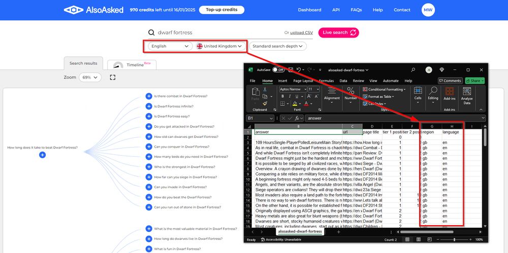 AlsoAsked export showing languages and region