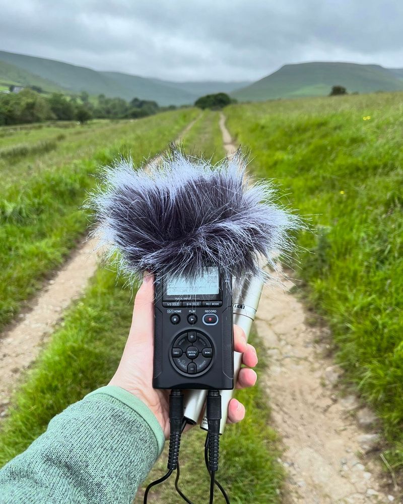 Field recording with a Tascam DR-40 and Akai mics on a footpath near Kinder Scout.