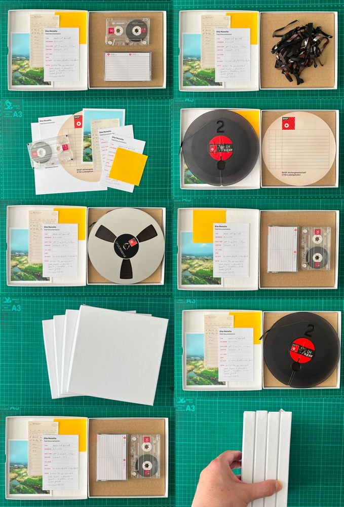 Ten photos of various experimental arrangements on a green cutting mat. Most items are contained within a plain reel to reel box, and the item placeholders include reels, cassettes, unspooled tape, photos, notes, data sheets, and other things.