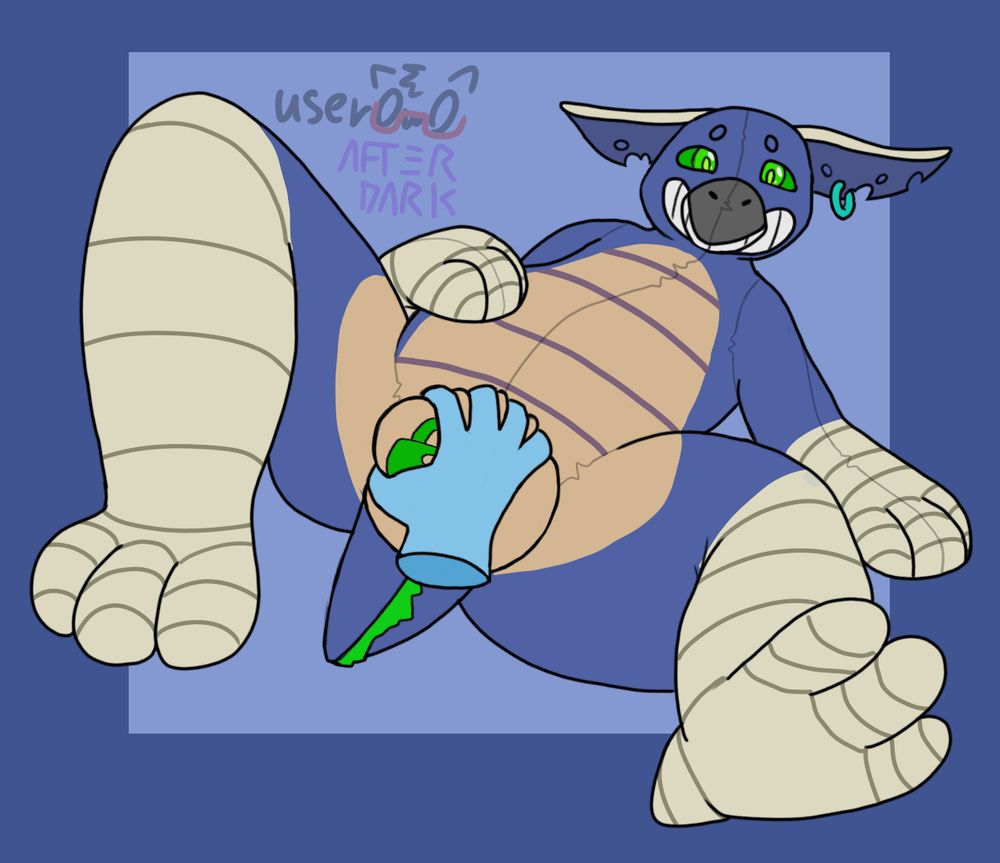 Avian pooltoy with green eyes and a blue ear ring laying on his back, having his nullge grabbed by a blue disembodied hand