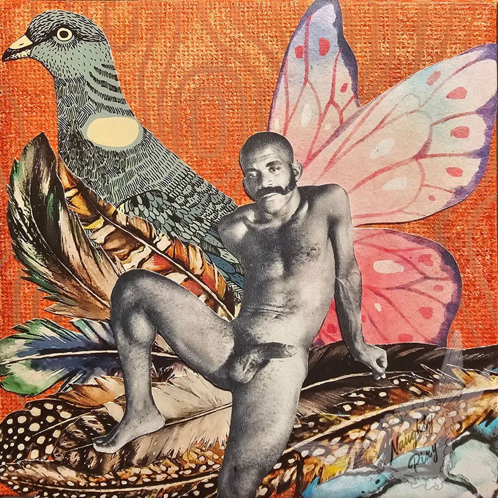 A collage made from paper and acrylic paint, created by Naughty Pixy. A naked man, the pixie, is shown sitting down with his leg raised next to him. From his back sprout pink and purple butterfly wings. The pixie is sitting on a pile of feathers that look giant in comparison to his small size. Behind the pixie is a singular pigeon facing to the left. The background of the piece is painted to look like a wood grain texture.