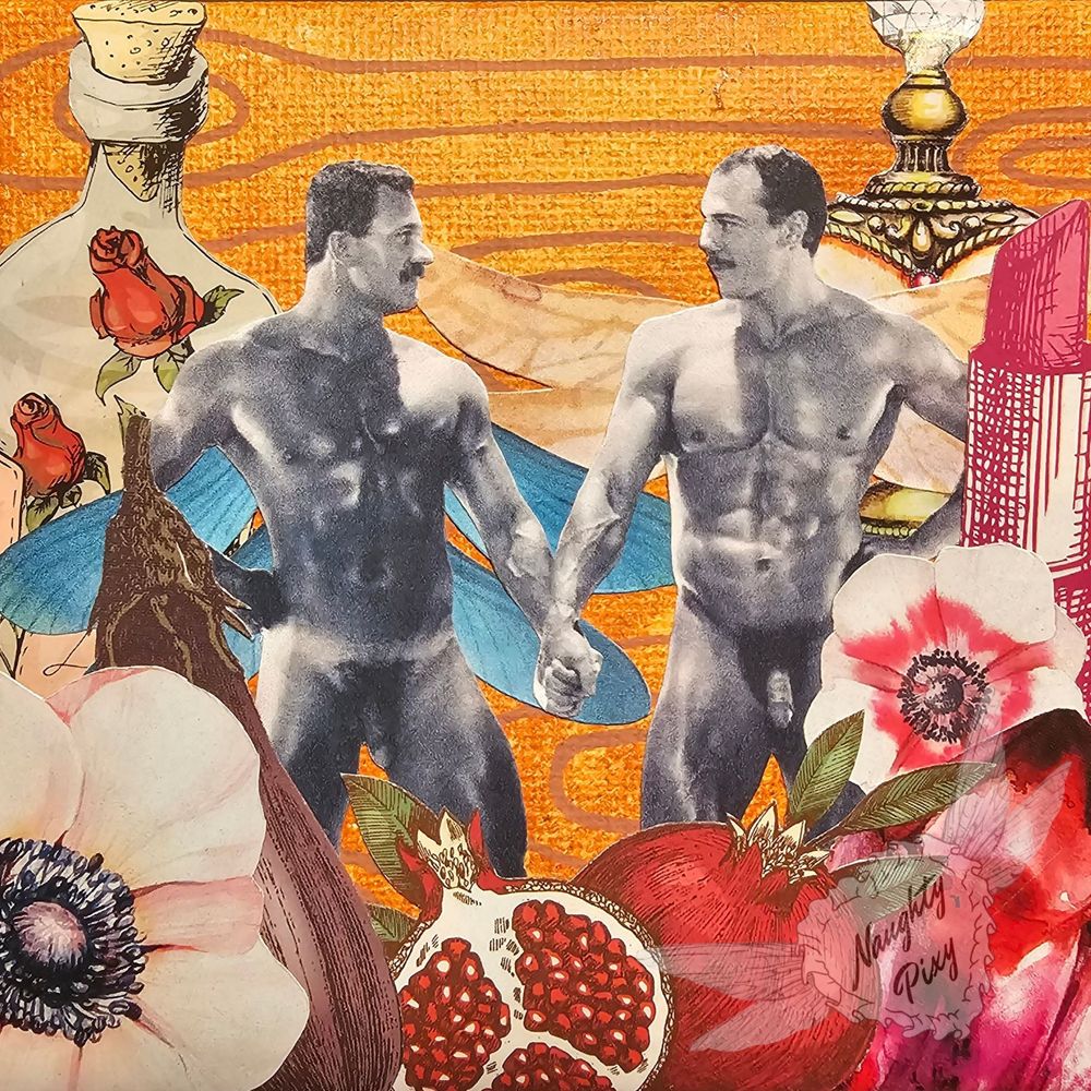 A collage made from paper and acrylic paint, made by Naughty Pixy. Two men, the Pixies, are pictured holding hands and looking into each other's eyes. From the backs of both Pixies sprout pairs of dragonfly wings, the man on the right has yellow wings and the man on the left has blue wings. Around the two men are various aphrodisiacs & romantic items, such as pomegranates, and eggplant, lipstick, & roses. Behind the Pixies & their aphrodisiacs is a painted wood grain background