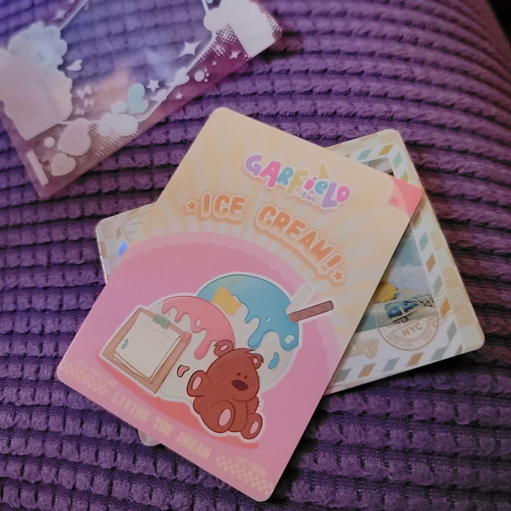 One of three cards inside, this one says Garfield Ice Cream with a picture of ice cream and Garfield's teddy bear
