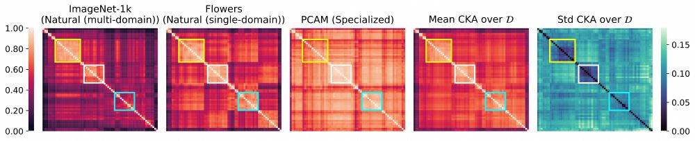 Representational similarity using linear CKA. Left to right: natural multi- and single-domain, and specialized datasets, followed by mean and standard deviation across all datasets. Models (rows and columns) are ordered by a hierarchical clustering of the mean matrix. Yellow and white boxes highlight regions with more stable similarity patterns across datasets, corresponding to some image-text (yellow) and self-supervised model pairs (white), while cyan boxes show higher variability for mainly supervised model pairs.