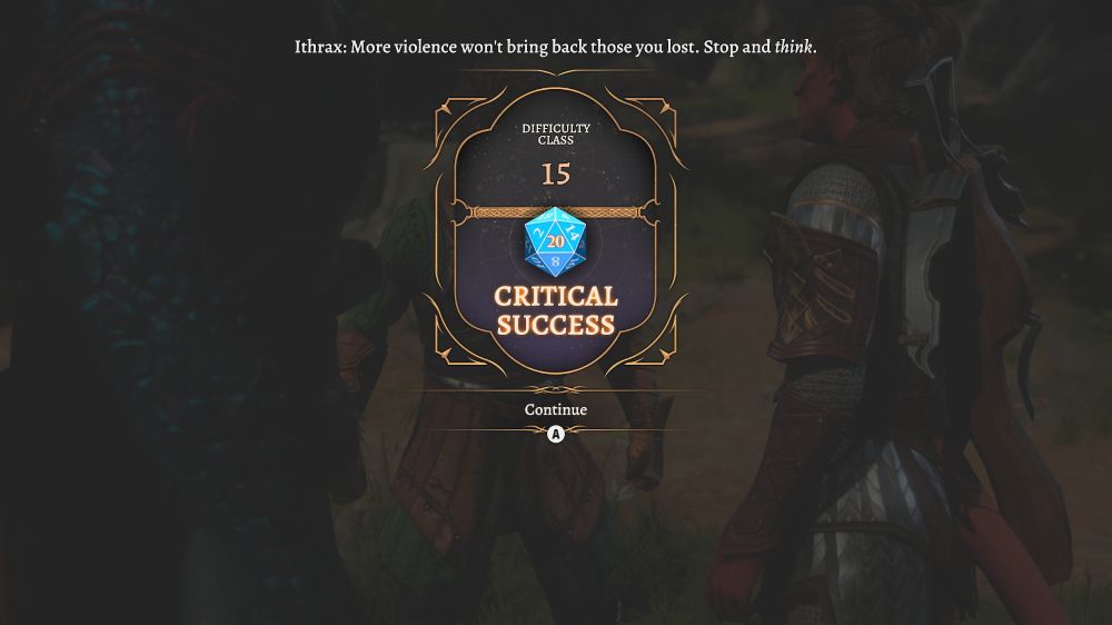 Screenshot from Baldur's Gate 3 showing a critical success: a nat 20 roll on a difficulty of 15.