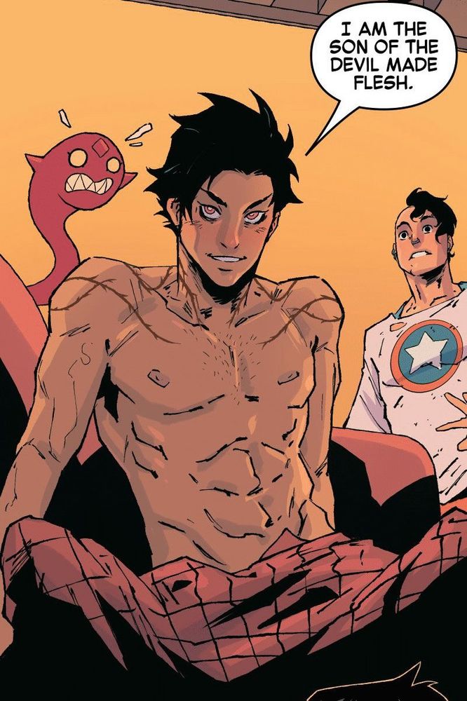 A panel from “Avengers Academy: Marvel’s Voices” featuring the character Blackheart in human form, sitting naked, covered by a blanket, saying “I am the son of the Devil made flesh.” Rascal (the Red Goblin symbiote) and Aaron Fisher look on in shock.
