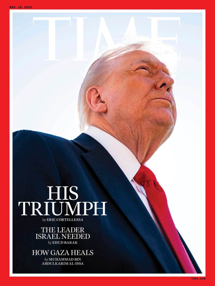 TIME magazine cover featuring Donald Trump viewed from below with his prominent “neck pussy” shown tucked into his collar. 
