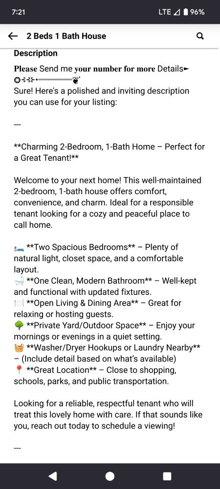 House rental description that includes an AI response to the message request.