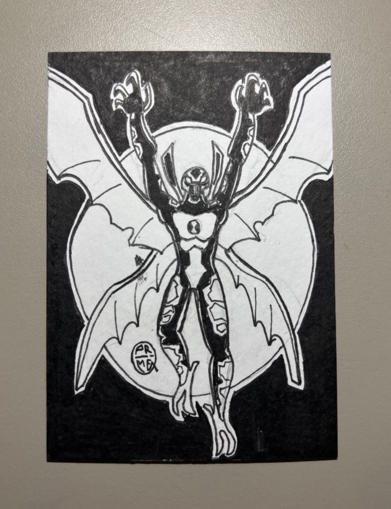 Black and white drawing of Big Chill from Ben 10.

I tried to capture his ghostly presence by having him fly through the night sky. I think the character’s mostly black body in front of the white moon looks quite nice.