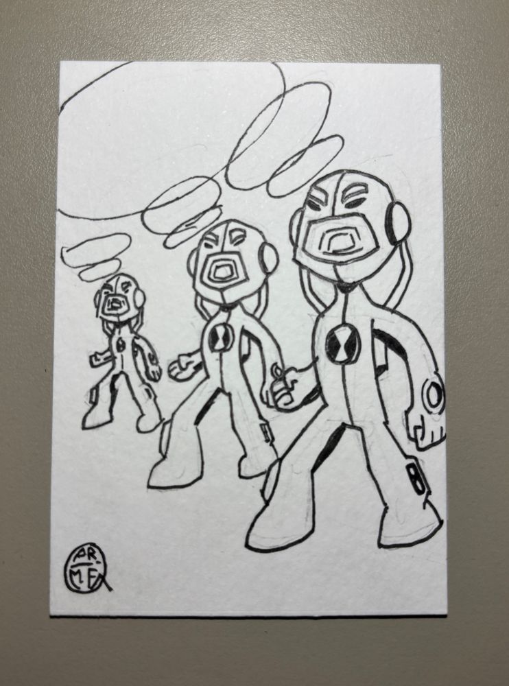 Black and white drawing of Echo Echo from Ben 10.

I wanted to show off both his cloning and sound abilities so I’ve drawn progressively smaller/far off copies all screaming to form one big attack. It was fun using progressively smaller pens and stripping back details for each further clone. I was quite tempted to draw his Ultimate variant but I decided to stick with his original form for consistency.