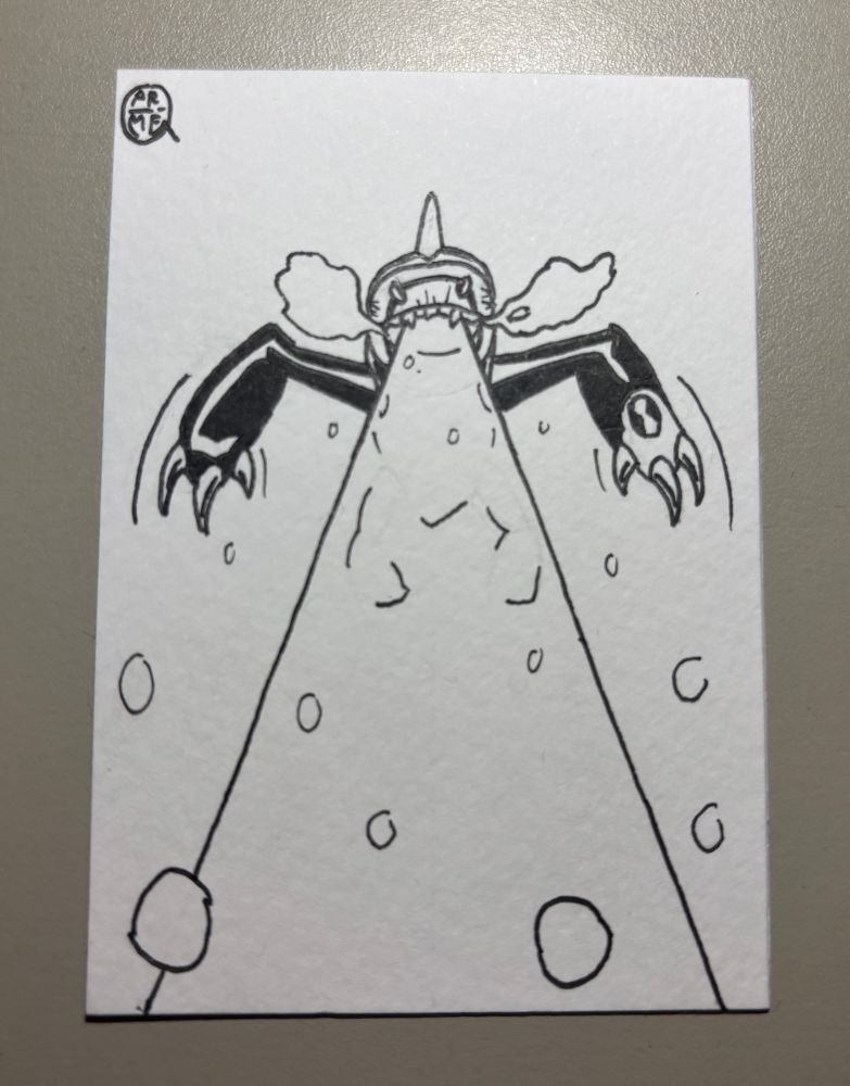 Black and white drawing of Arctiguana from Ben 10, up in the air and shooting an ice beam.