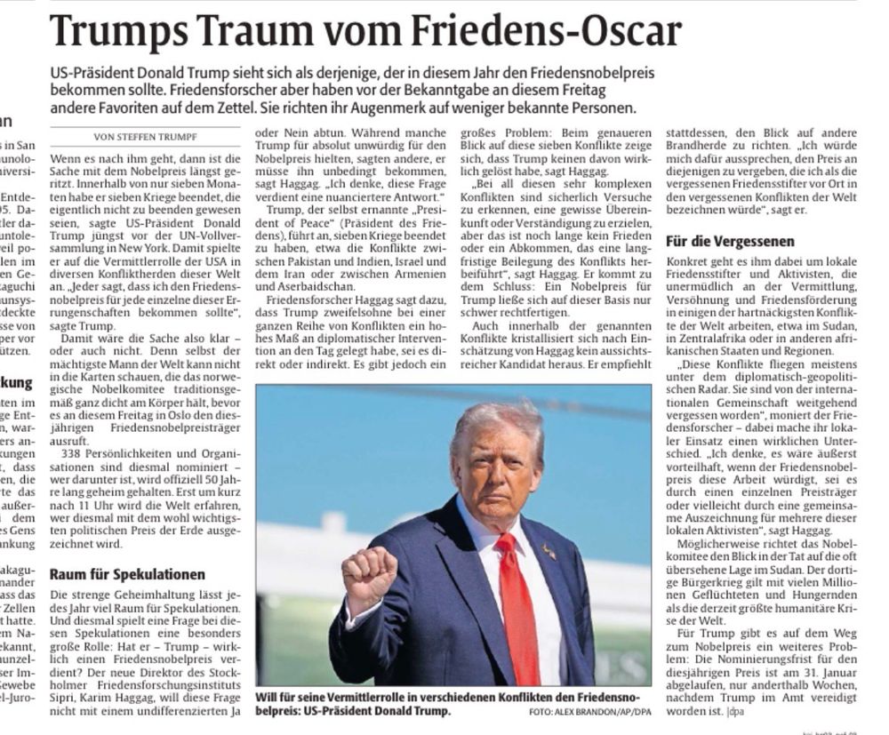 Artikel aus Die Rheinpfalz, „Trumps Traum vom Friedensoscar“